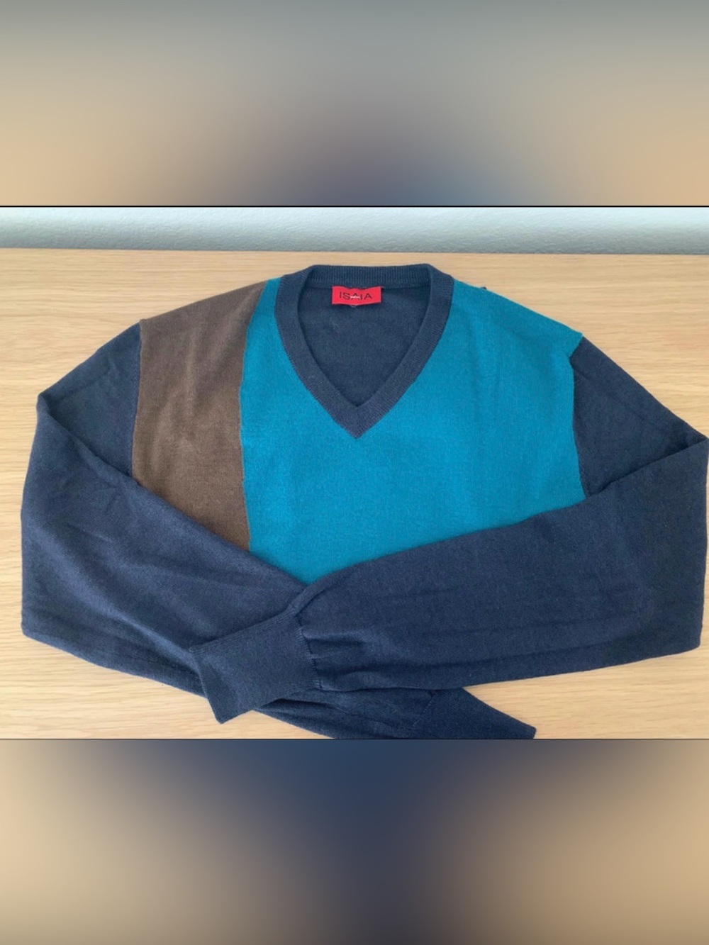 $795 Isaia Men's V-Neck Sweater in Teal, Navy & Brown